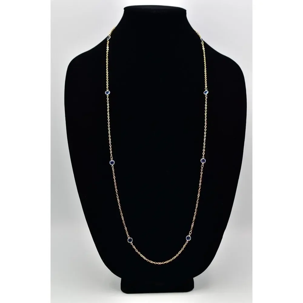 Vintage Blue Open Bezel Crystal Necklace Station Chain Gold Tone 1980s BinBJ